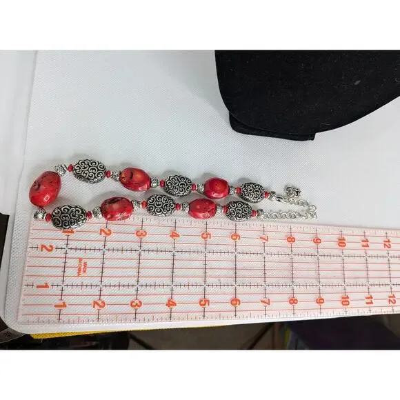 Brighton Red Coral Silver Plated Bead Necklace w/Adjustable Clasp Length 20" - Picture 6 of 6